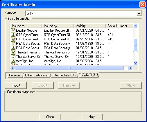 Certificates Administration Dialog